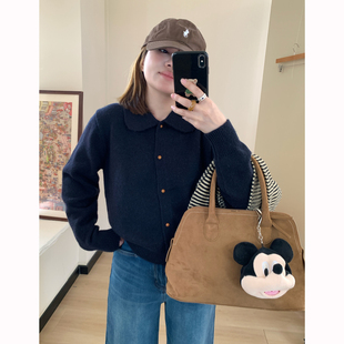 外套 毛衣女秋冬藏蓝色百搭针织衫 Omang桃喜 韩系复古娃娃领开衫