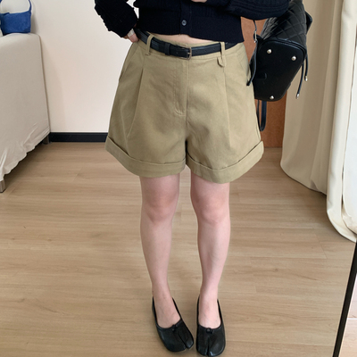 Omang桃喜阔腿显瘦卡其色短裤女夏季小个子复古裤脚翻边a字三分裤