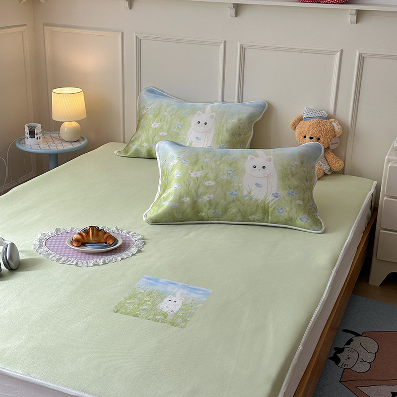 26年新款夏季卡通小猫冰丝凉席三件套可折叠可机洗凉感床单枕套