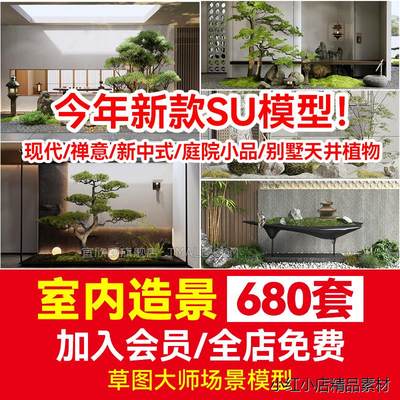 室内造景SU模型草图大师现代禅意新中式日式庭院小品别墅天井植物