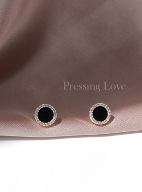Pressing Love简约气质百搭带钻小黑圆耳钉S925纯银针防过敏耳饰