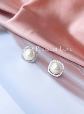 Pressing Love简约大气珍珠耳环女气质纯银耳钉小众优雅百搭耳饰