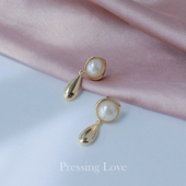 Pressing Love金叶子小耳坠小众气质珍珠耳环925纯银针防过敏耳饰