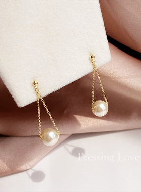P.Love温柔气质中长款耳钉珍珠耳环女通体925纯银镀14K金耳饰新款