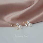 Pressing Love925纯银镀金锆石蝴蝶结珍珠耳勾款 耳环女甜美气质