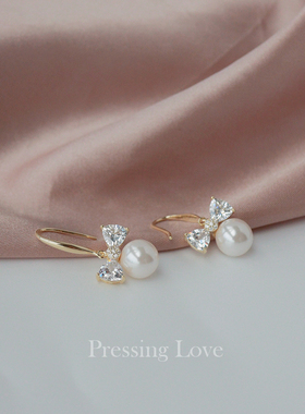 Pressing Love925纯银镀金锆石蝴蝶结珍珠耳勾款耳环女甜美气质