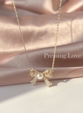 Pressing Love精致甜美蝴蝶结珍珠项链女纯银镀14K金显白锁骨链新