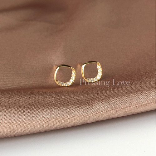 小众几何方形镶钻玫瑰金纯银耳环