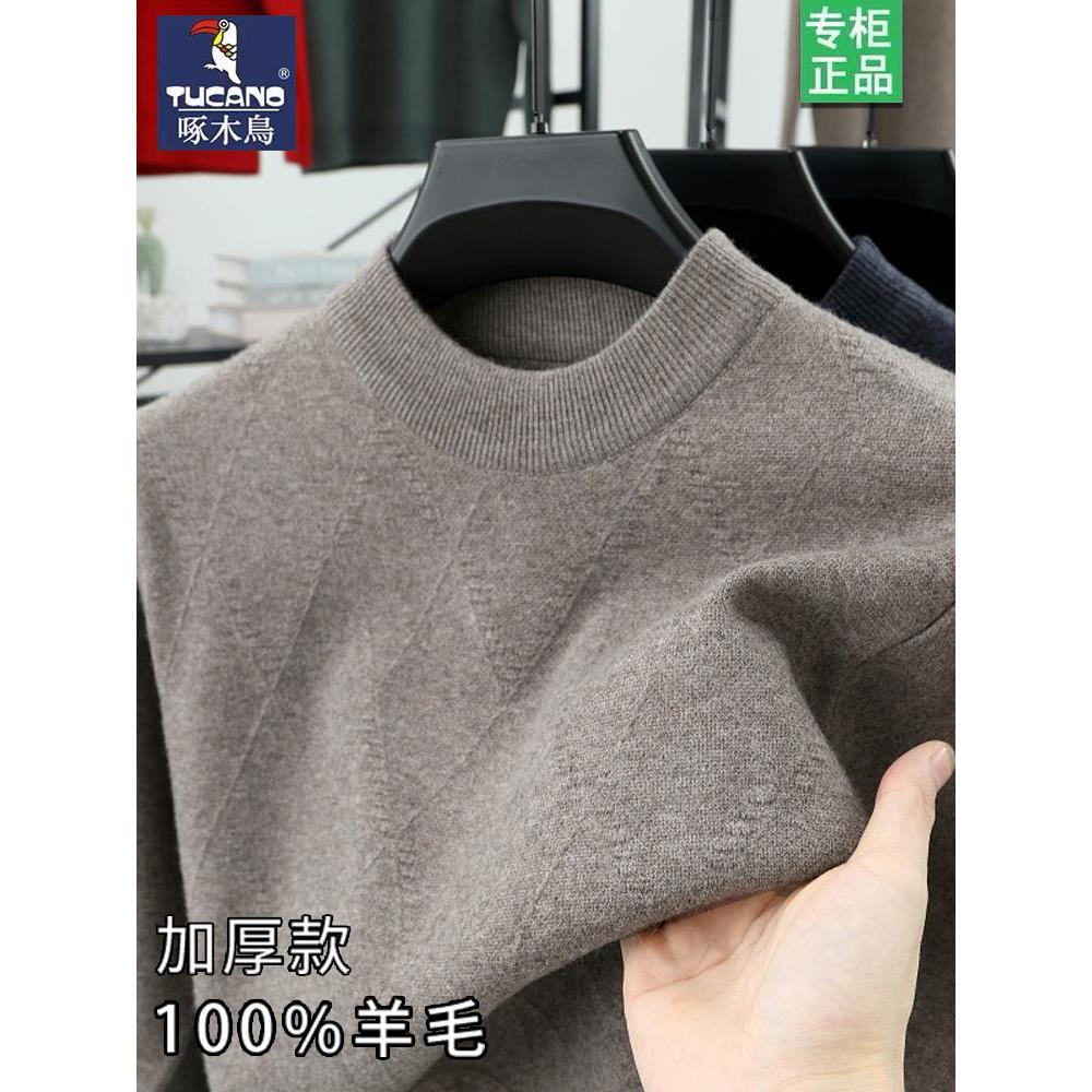 啄木鸟100%纯羊毛衫男半高领毛衣