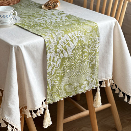 清新印花树叶流苏桌旗