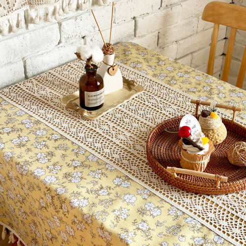 碎花植物餐桌布复古黄色电脑桌写字台茶几阳台餐边柜盖巾民宿定做