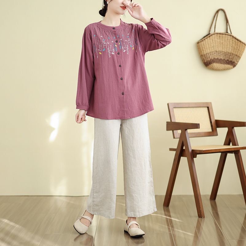 中年妈妈春装棉麻绣花显瘦衬衫