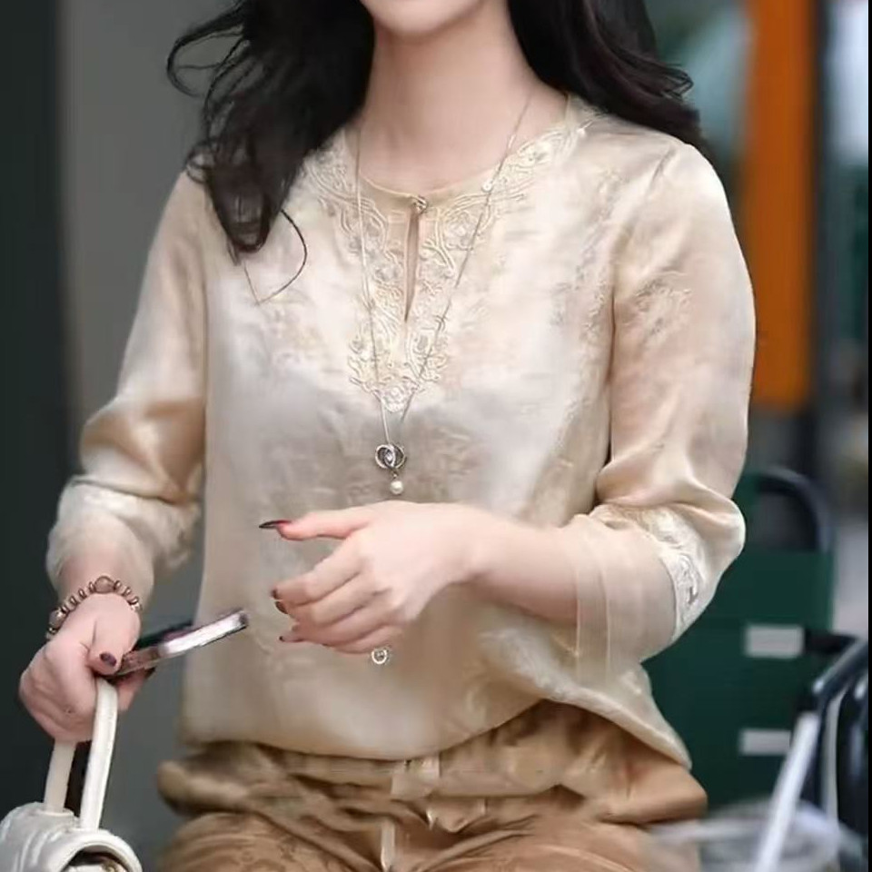 杏色新中式提花圆领七分袖T恤女
