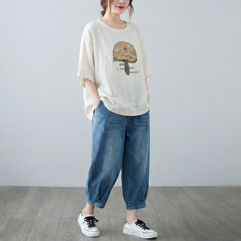 棉麻印花圆领短袖T恤女2026夏季新款大码宽松百搭显瘦薄款上衣