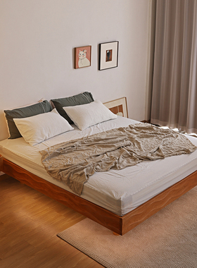 舍间 北欧实木无床头床简约樱桃木榻榻米日式原木1.8米双人悬浮床