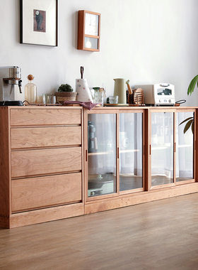 舍间/北欧实木玻璃储物柜 樱桃木收纳柜茶水柜日式原木简约餐边柜