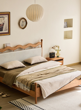 中古风全实木1米8双人床法式樱桃木1.5m大床高级感卧室复古软靠床