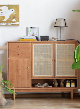 舍间 日式实木藤编鞋柜玄关柜子 北欧樱桃木对开门客厅收纳储物柜