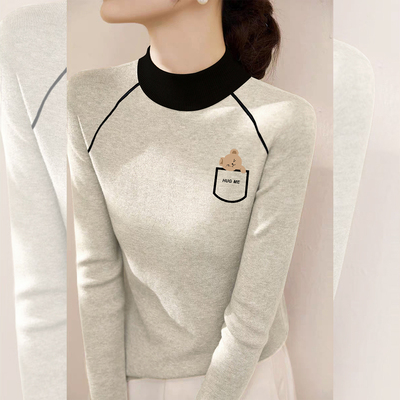 2025冬季新款撞色拼接长袖上衣半高领德绒打底衫女修身米灰色内搭