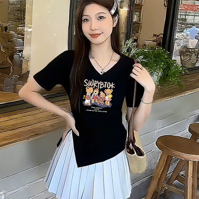 2026春季棉质打底短袖T恤女正肩修身V领显瘦小个子不规则开叉上衣