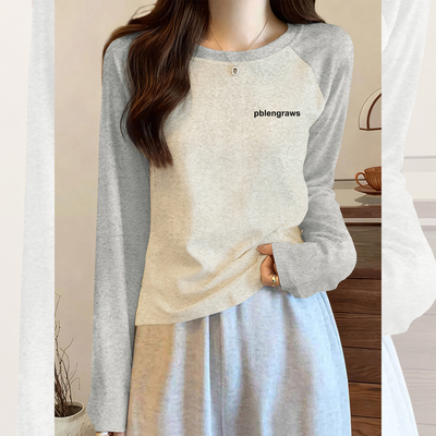 撞色拼色长袖T恤女2026冬季插肩袖圆领显瘦小众潮流棉质打底上衣