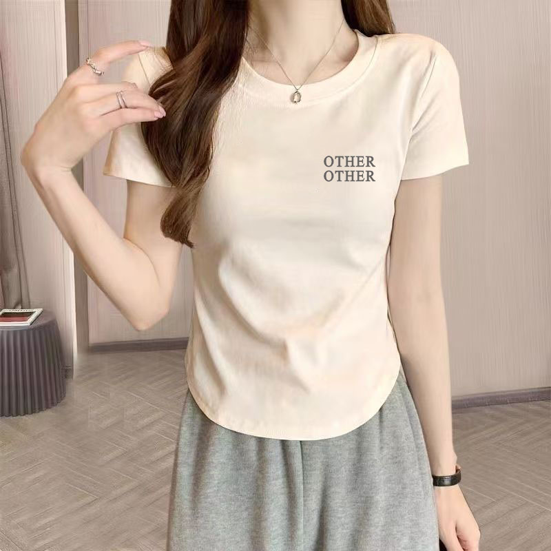 正肩纯棉短袖圆领2025夏季不规则弧形下摆t恤女小个子显瘦短上衣