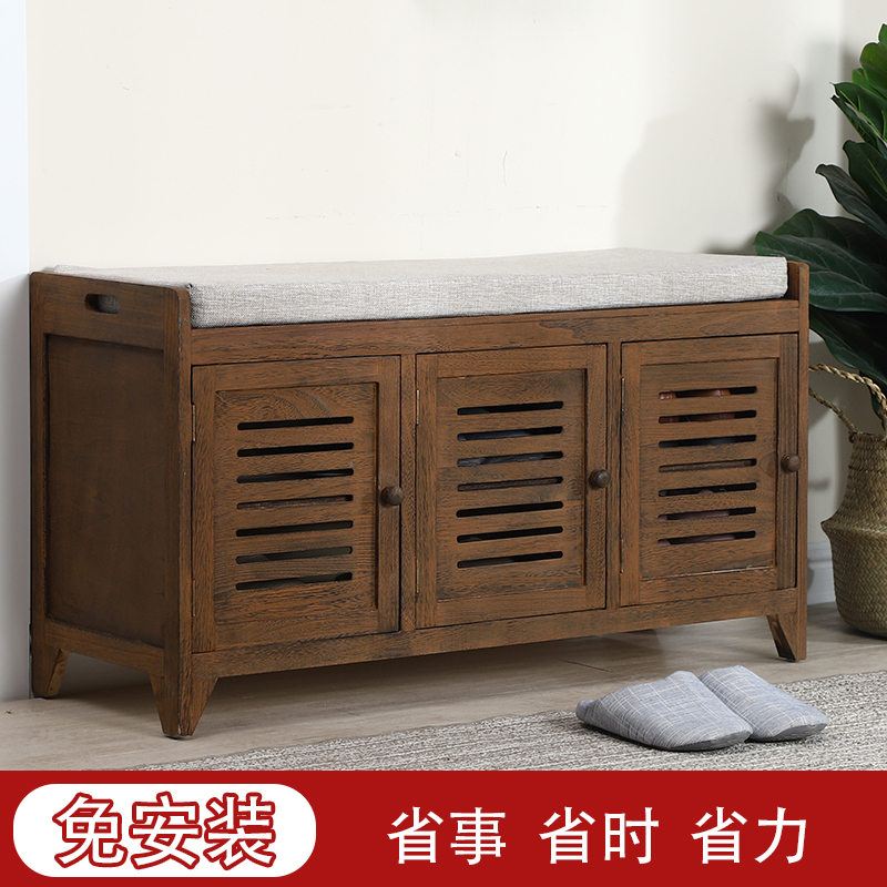 美式实木换鞋凳门口收纳布艺整装