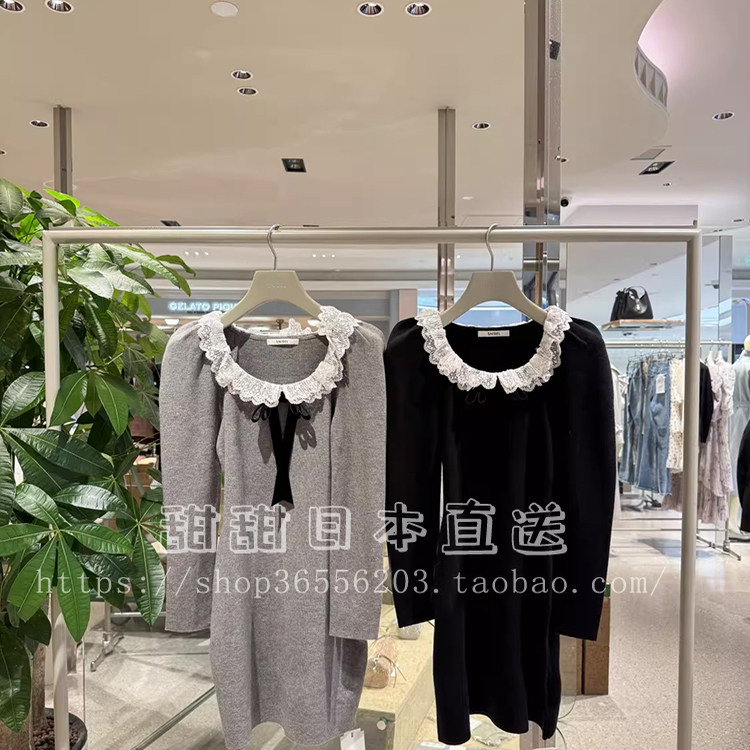 日本代购SNIDEL秋冬新品蕾丝方领长袖收腰针织连衣裙女SWNO255175