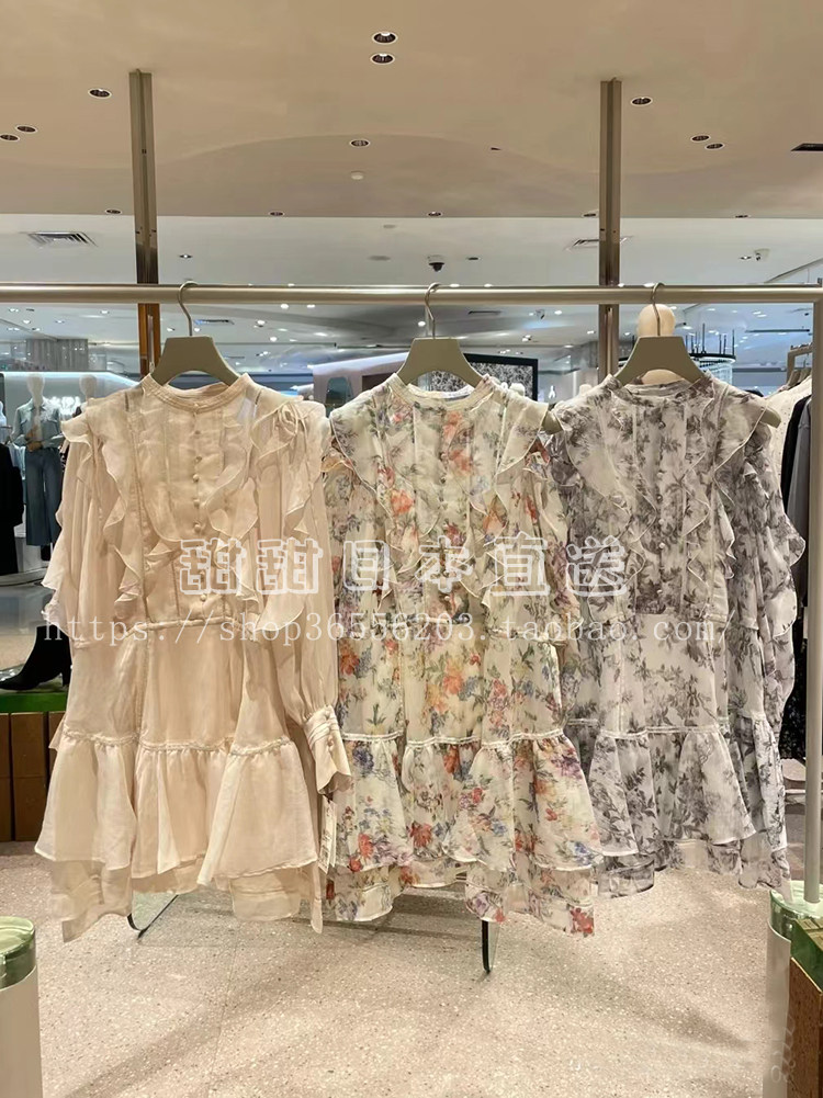 日本代购SNIDEL春夏新品甜美露肩荷叶边系带印花连衣裙SWFO241079