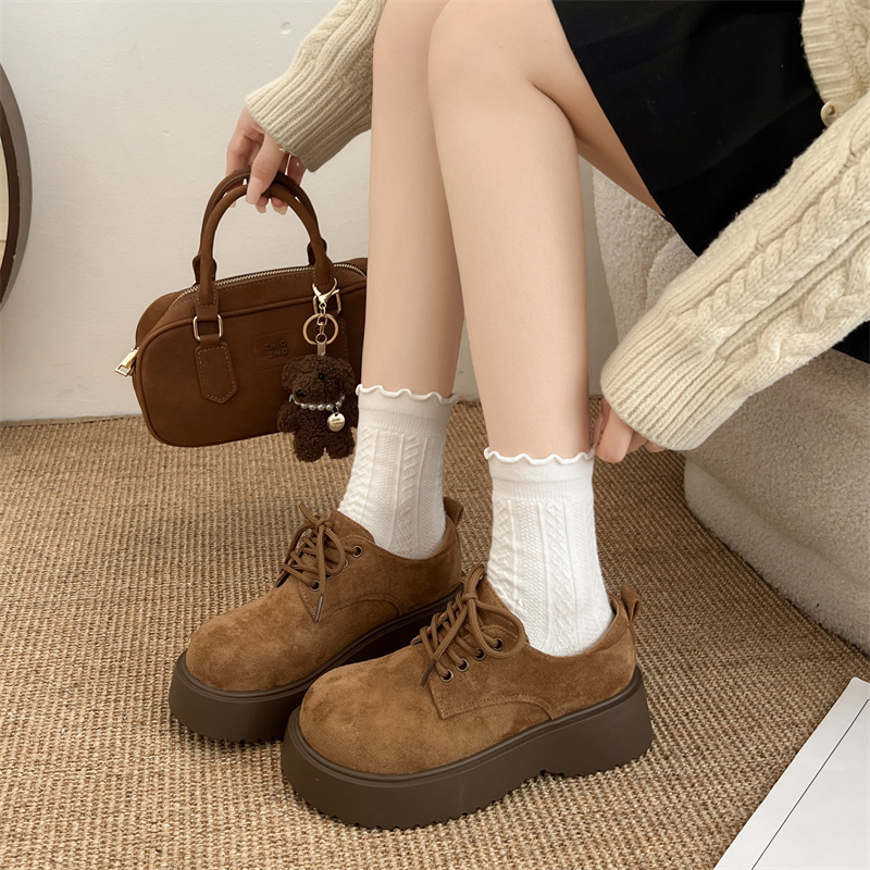 矮子乐厚底系带勃肯鞋女2025新款秋冬复古小皮鞋增高休闲乐福单鞋