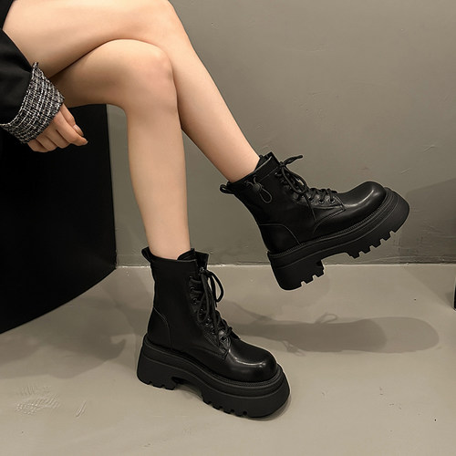伯爵猫厚底马丁靴系带女靴2025春夏新款显瘦增高时尚甜酷百搭短靴