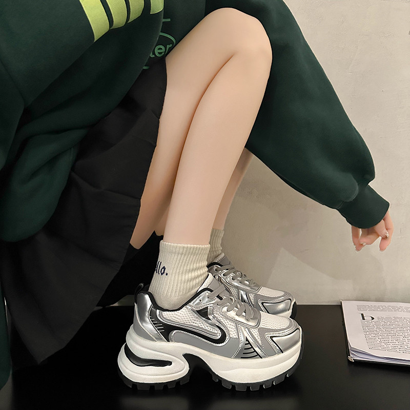 赵露思同款银色厚底增高休闲运动鞋女2024春季新款松糕系带老爹鞋