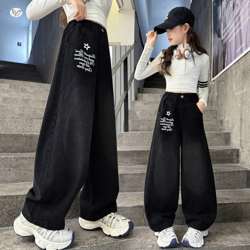 女童秋季牛仔裤2025年新款休闲潮酷印花阔腿裤学生舒适直筒裤长裤