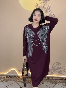 欧货重工烫钻秋冬爆款大码女装洋气高贵气质小众春秋款女士连衣裙