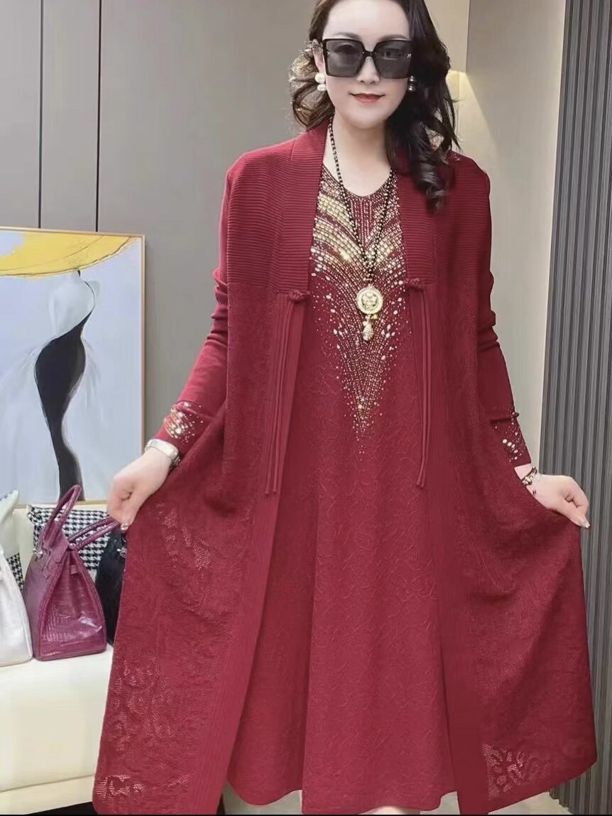 婚宴礼服高端定制烫钻针织连衣裙喜婆婆时尚洋气长裙加外套两件套
