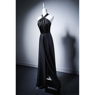 MISSQIAN 黑色挂脖前开叉九分裙小个子成人礼主持年会活动晚礼服