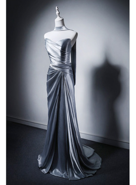 MISSQIAN浅灰蓝色表演毕业开学舞会晚会礼服敬酒服显瘦公主长裙女