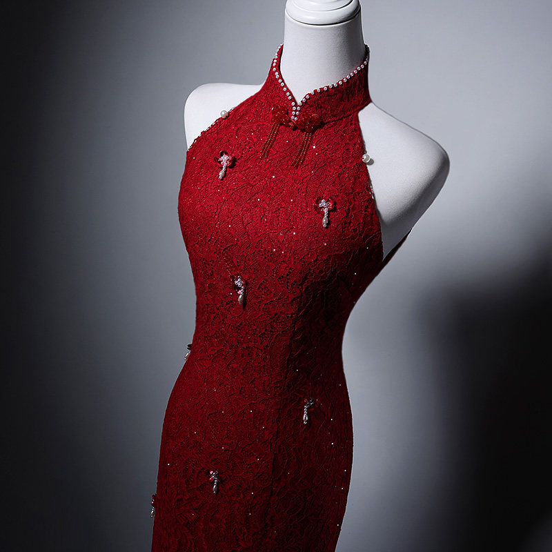 显瘦回门手工钉珠红色新中式旗袍