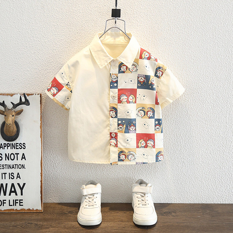 男童衬衫短袖夏装2025新款儿童时髦日韩系卡通印花衬衣帅气上衣潮