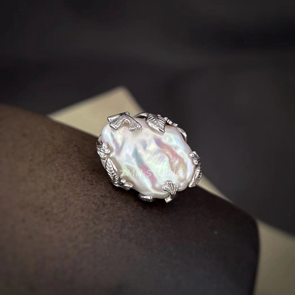 ZMN/青藤/小众设计个性花叶不规则天然异型巴洛克珍珠925纯银戒指