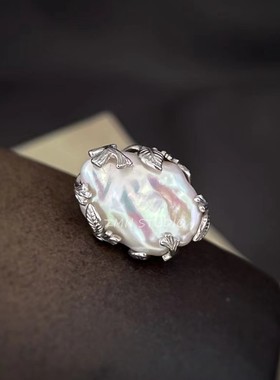 ZMN/青藤/小众设计个性花叶不规则天然异型巴洛克珍珠925纯银戒指