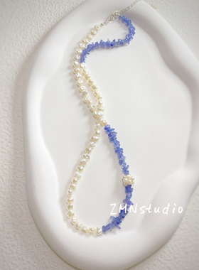 ZMN/紫烟/原创设计清新不规则异型天然淡水珍珠坦桑石纯银项链女