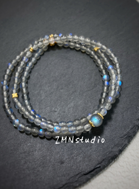 ZMN/素影/小众精致925银镀金透体蓝光天然拉长石水晶宝石叠戴手串