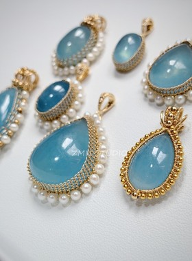 ZMN/听海/小众原创设计手工绕线编织天然珍珠海蓝宝石14K吊坠项链