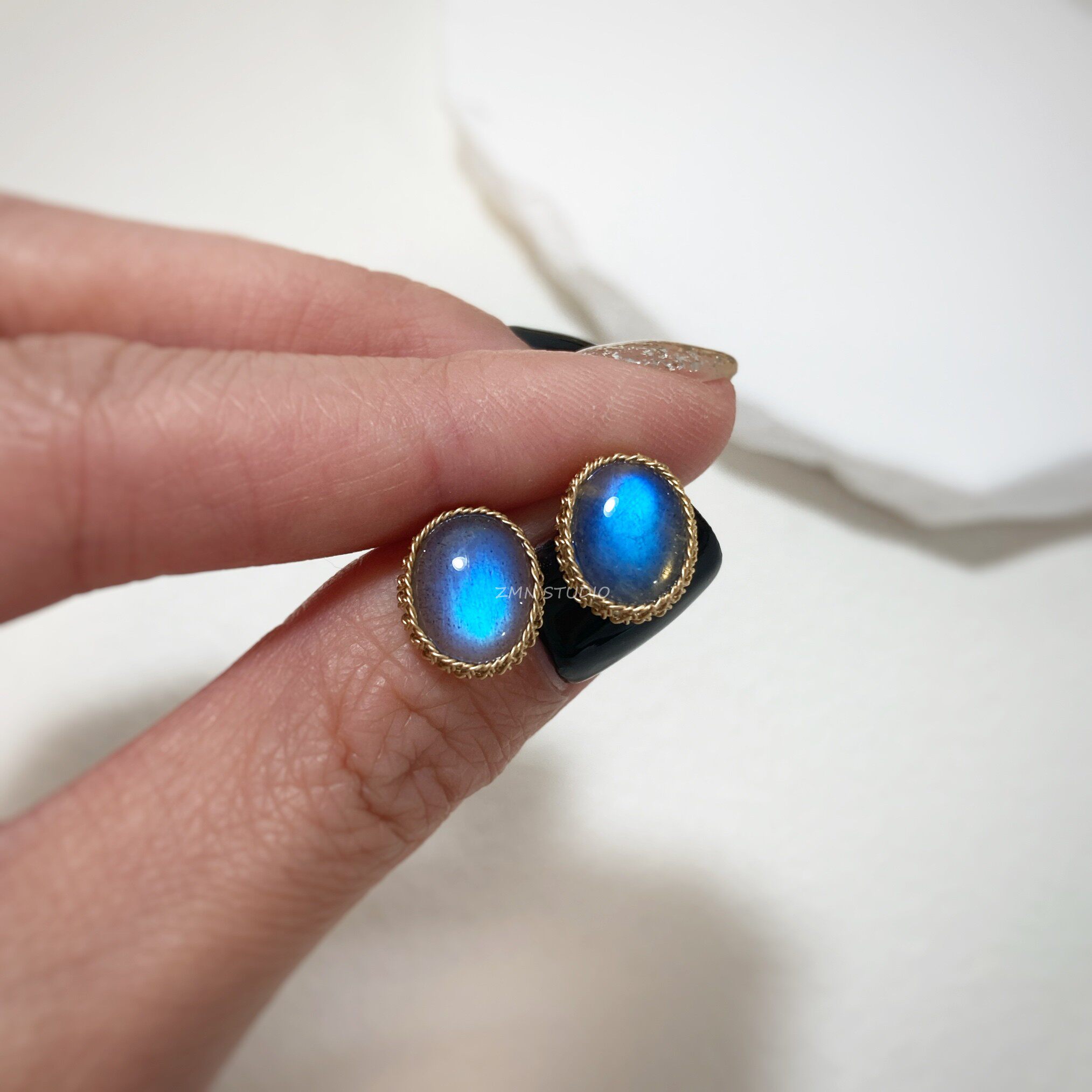 ZMN/琇莹/小众设计简约14k手工绕线高品质天然拉长石水晶宝石耳钉