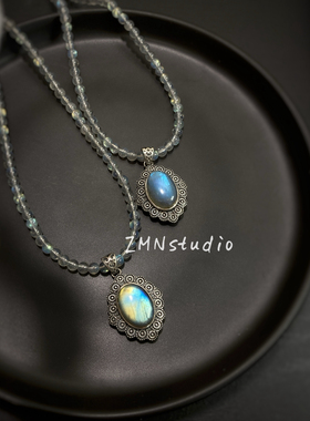 ZMN/曜灵/小众质感复古花纹925纯银天然灰月光拉长石宝石吊坠项链