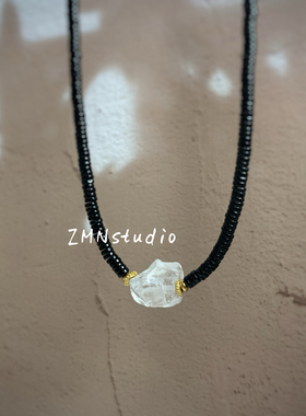ZMN/冰痕/原创设计个性文艺天然黑曜石不规则白水晶原矿宝石项链