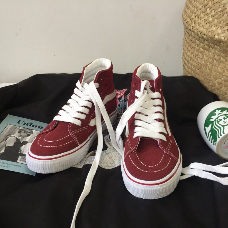 万斯官网正品经典休闲男女中高帮鞋春夏季情侣SK8黑色红色帆布鞋