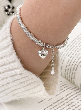 简约流苏爱心手链女时尚个性桃心圆环S925银手环ins小众设计手饰