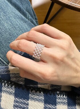 色网格镂空编织戒指女韩国轻奢小众设计冷淡风开口百搭食指环潮